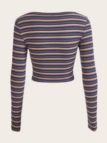 SHEIN EZwear 條紋圖案大圓領短款T恤 - 彩色 - 查看 2