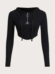 SHEIN EZwear Sudadera con capucha y cremallera parcial con cordón en otoño/invierno - Negro - Ver 2