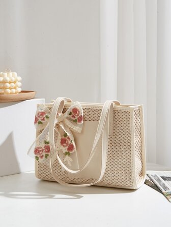 Floral Embroidered Bow Decor Shoulder Tote Bag Beach Bag Vacation, Casual Portable, Large Capacity For Girl, For Woman Outdoors, Travel, Outings, Holiday, Beach, For Summer, Perfect Valentine's Day Gift For Her, Bow Purse For Women, Best Valentine's Gift Choice Ever, Vacation Essentials, Perfectly Matching With Beach Accessories Women