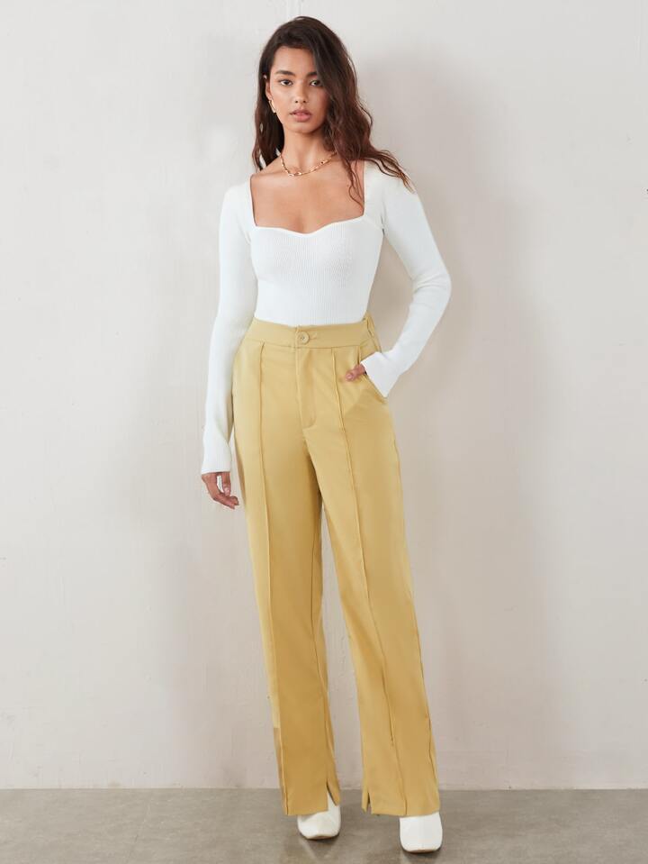 RueChic Slit Hem Ribbed Knit Sweater Workwear | SHEIN USA