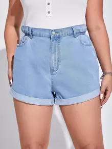 Plus High Waist Roll Up Hem Denim Shorts - Light Wash - View 1