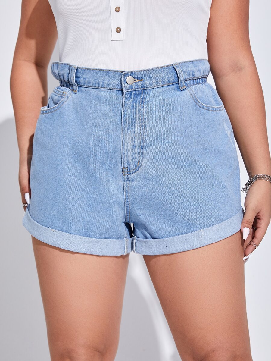 Plus High Waist Roll Up Hem Denim Shorts - Light Wash - View 1