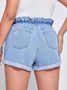 Plus High Waist Roll Up Hem Denim Shorts - Light Wash - View 2