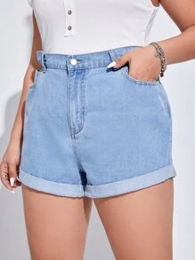 Plus High Waist Roll Up Hem Denim Shorts - Light Wash - View 4