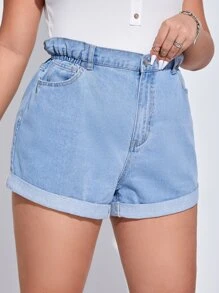 Plus High Waist Roll Up Hem Denim Shorts - Light Wash - View 5