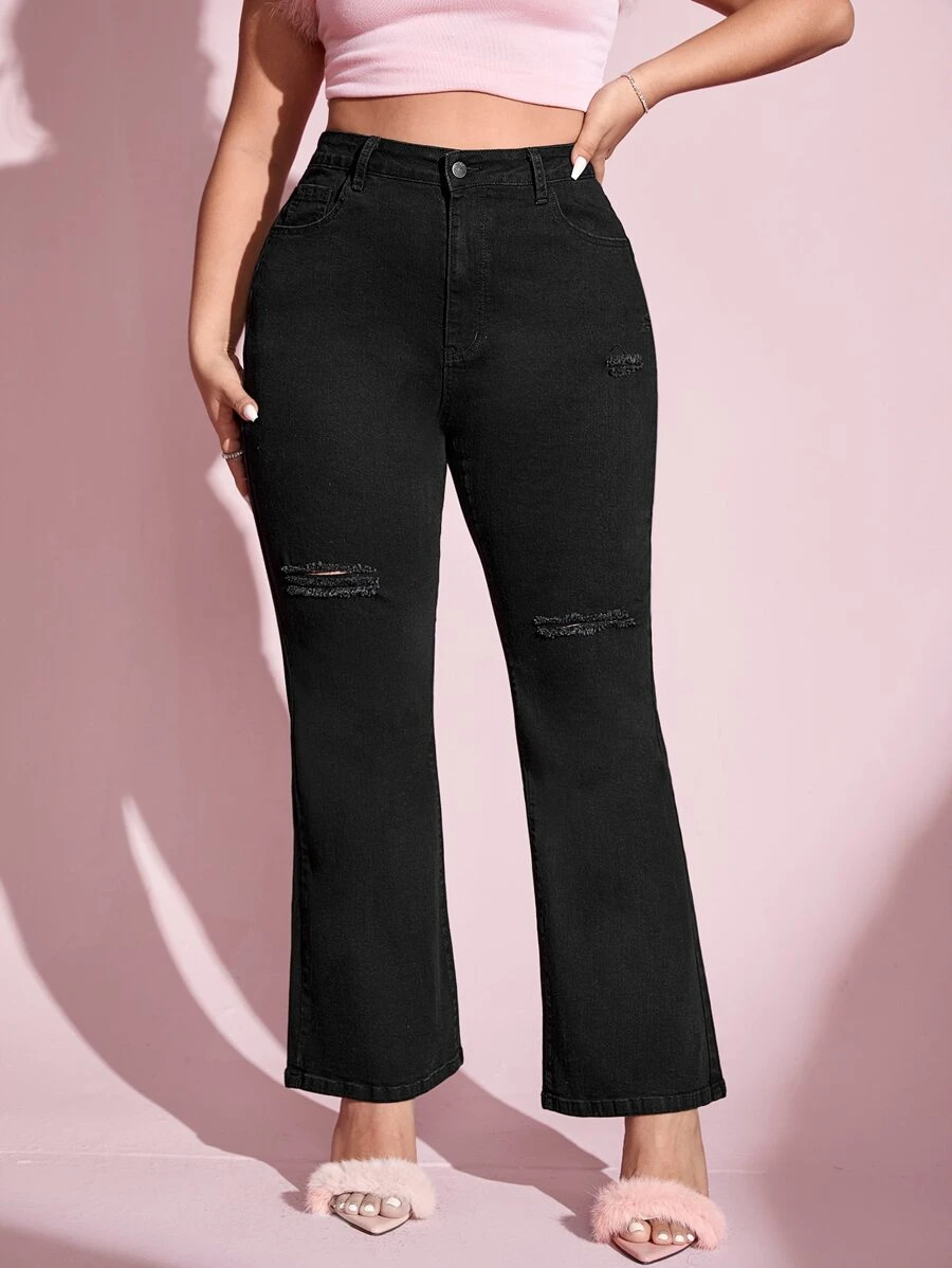 SHEIN Essnce Jeans de pierna amplia con cremallera desgarro sin cinturón - Negro - Ver 1