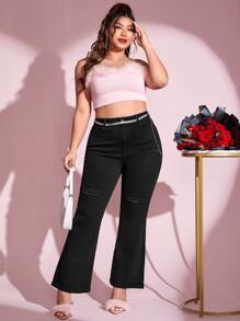 SHEIN Essnce Jeans de pierna amplia con cremallera desgarro sin cinturón - Negro - Ver 4