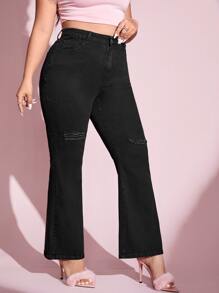 SHEIN Essnce Jeans de pierna amplia con cremallera desgarro sin cinturón - Negro - Ver 5