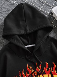 男士火和字母圖案抽繩加絨內裏連帽衫 - 黑色 - 查看 4