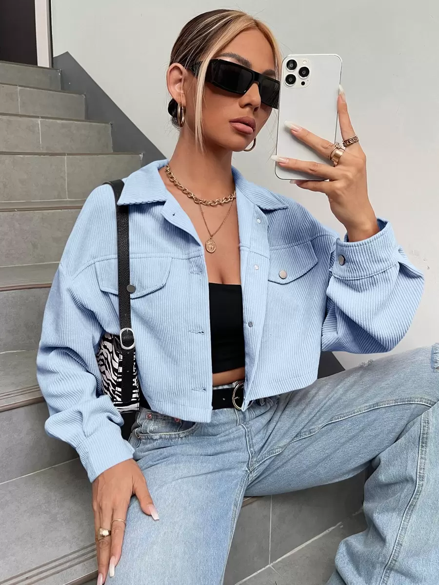 SHEIN EZwear Drop Shoulder Flap Detail Crop Corduroy Jacket In Fall/Winter - Baby Blue - View 1
