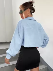 SHEIN EZwear Drop Shoulder Flap Detail Crop Corduroy Jacket In Fall/Winter - Baby Blue - View 2