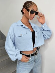 SHEIN EZwear Drop Shoulder Flap Detail Crop Corduroy Jacket In Fall/Winter - Baby Blue - View 4