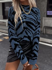 SHEIN Unity Zebra Stripe Drop Shoulder Jumper - Teal Blue - View 3