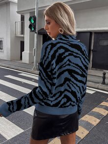 SHEIN Unity Zebra Stripe Drop Shoulder Jumper - Teal Blue - View 2