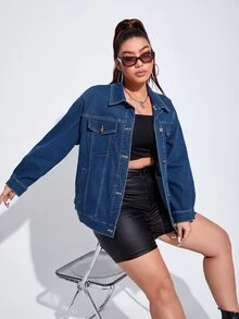 Cazadora mezclilla de hombros caídos con bolsillo con solapa - Azul lavado oscuro - Ver 3