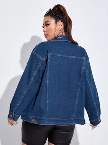 Cazadora mezclilla de hombros caídos con bolsillo con solapa - Azul lavado oscuro - Ver 2