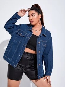 Cazadora mezclilla de hombros caídos con bolsillo con solapa - Azul lavado oscuro - Ver 5