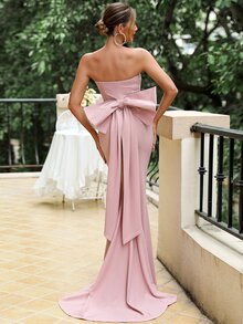 LOVE&LEMONADE 魚尾裙下擺大蝴蝶結後抹胸伴娘連衣裙 - 淺粉色 - 查看 2