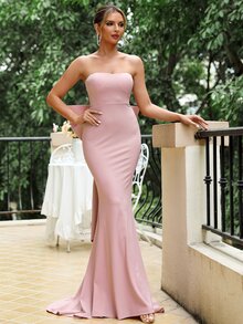 LOVE&LEMONADE 魚尾裙下擺大蝴蝶結後抹胸伴娘連衣裙 - 淺粉色 - 查看 3