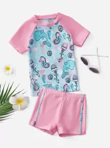 Young Girl Cartoon Graphic Raglan Sleeve Rashguard Summer Beach - Multicolor - View 1