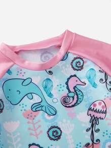 Young Girl Cartoon Graphic Raglan Sleeve Rashguard Summer Beach - Multicolor - View 3