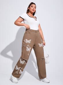 SHEIN EZwear Jeans desgarro con estampado de mariposa - Marrón - Ver 5