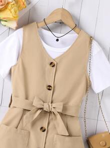 SHEIN Tween Girl Button Front Belted Dual Pocket Dress Without Tee - Khaki - View 3