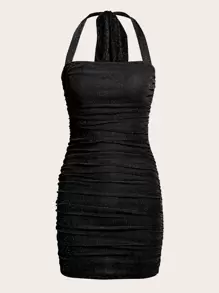 SHEIN ICON 褶邊露背吊脖緊身洋裝 - 黑色 - 查看 1