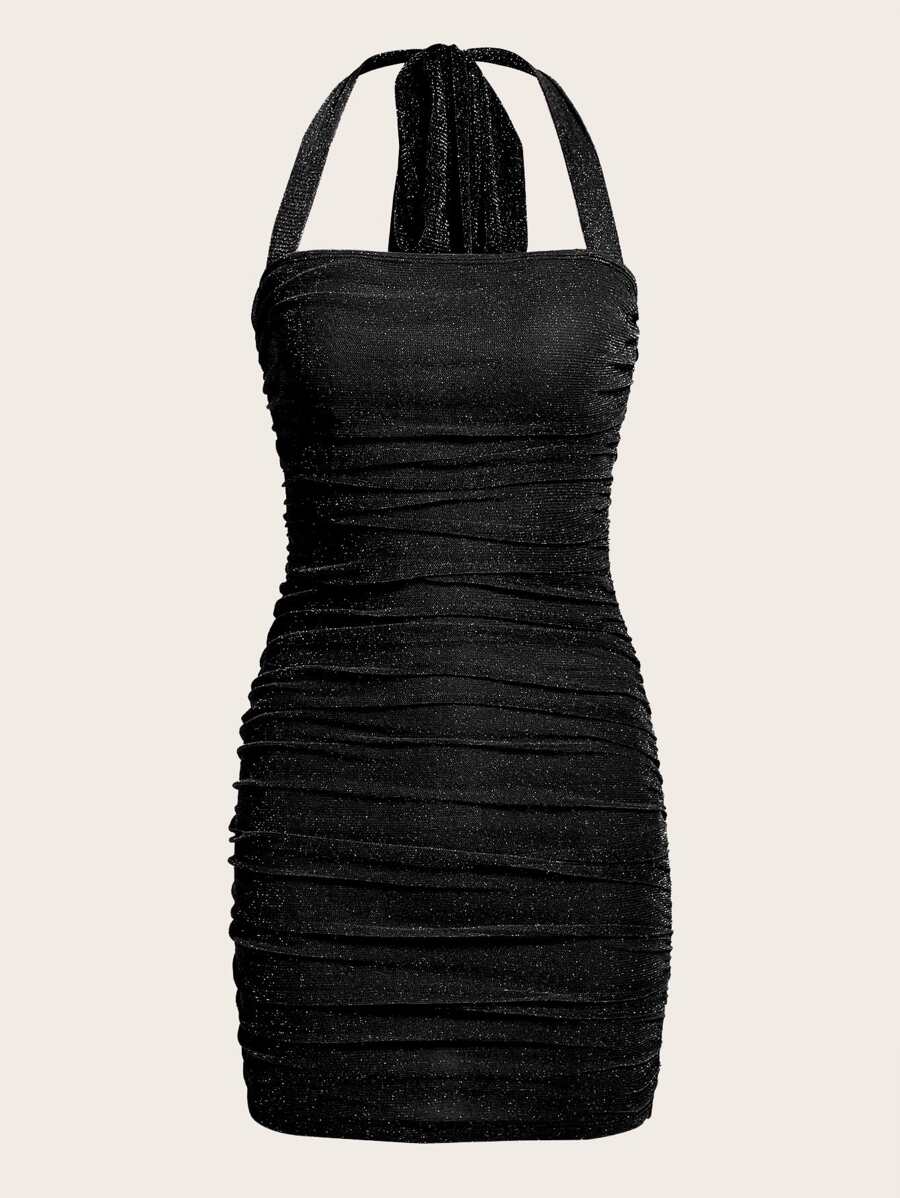 SHEIN ICON 褶邊露背吊脖緊身洋裝 - 黑色 - 查看 1