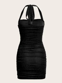 SHEIN ICON 褶邊露背吊脖緊身洋裝 - 黑色 - 查看 2