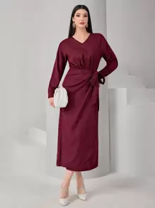 Modelyn Drop Shoulder Knot Side Dress - Maroon - View 1