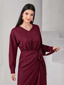 Modelyn Drop Shoulder Knot Side Dress - Maroon - View 3