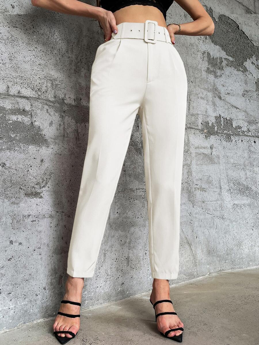 Aveloria Solid Belted Tapered Trousers - White - View 1