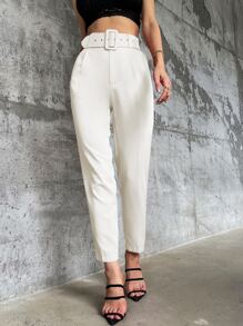 Aveloria Solid Belted Tapered Trousers - White - View 4