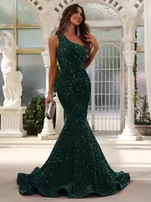 Faeriesty Women's Elegant One-Shoulder Dress, Adorned With Shiny Sequins, Paired With Graceful Fishtail Hem | Suitable For Black Tie Galas, Weddings, And Luxury Summer Vacation Formal Attire Party Spring - Dark Green - View 6