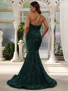 Faeriesty Women's Elegant One-Shoulder Dress, Adorned With Shiny Sequins, Paired With Graceful Fishtail Hem | Suitable For Black Tie Galas, Weddings, And Luxury Summer Vacation Formal Attire Party Spring - Dark Green - View 2