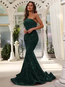 Faeriesty Women's Elegant One-Shoulder Dress, Adorned With Shiny Sequins, Paired With Graceful Fishtail Hem | Suitable For Black Tie Galas, Weddings, And Luxury Summer Vacation Formal Attire Party Spring - Dark Green - View 5