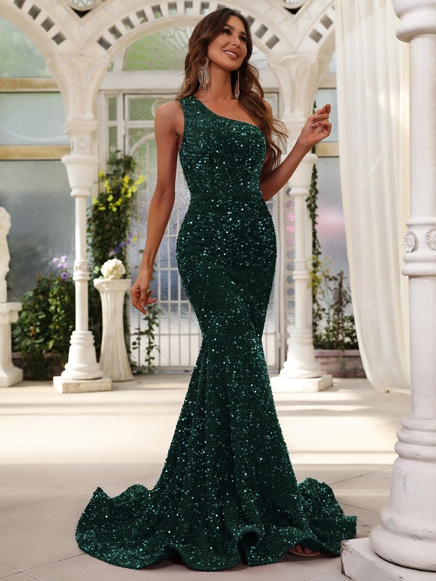 Faeriesty Women's Elegant One-Shoulder Dress, Adorned With Shiny Sequins, Paired With Graceful Fishtail Hem | Suitable For Black Tie Galas, Weddings, And Luxury Summer Vacation Formal Attire Party Spring - Dark Green - View 1