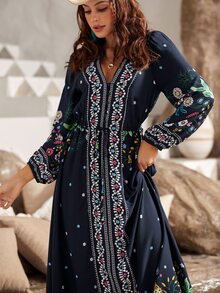 S BETRO Floral Print V Neck A-line Dress - Navy Blue - View 3