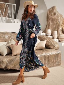 S BETRO Floral Print V Neck A-line Dress - Navy Blue - View 5