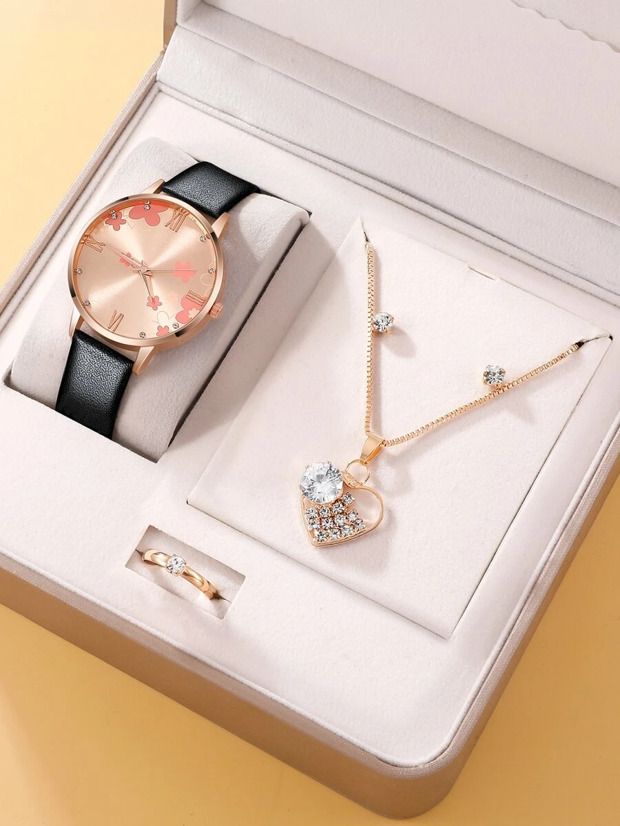 1pc Round Pointer Quartz Watch & 4pcs Rhinestone Decor Jewelry Set - Black - View 1