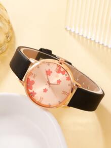 1pc Round Pointer Quartz Watch & 4pcs Rhinestone Decor Jewelry Set - Black - View 3