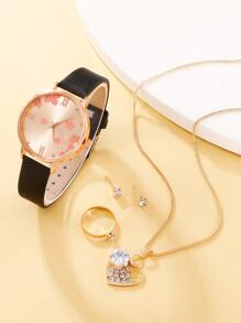1pc Round Pointer Quartz Watch & 4pcs Rhinestone Decor Jewelry Set - Black - View 2