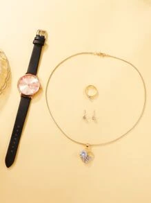 1pc Round Pointer Quartz Watch & 4pcs Rhinestone Decor Jewelry Set - Black - View 5