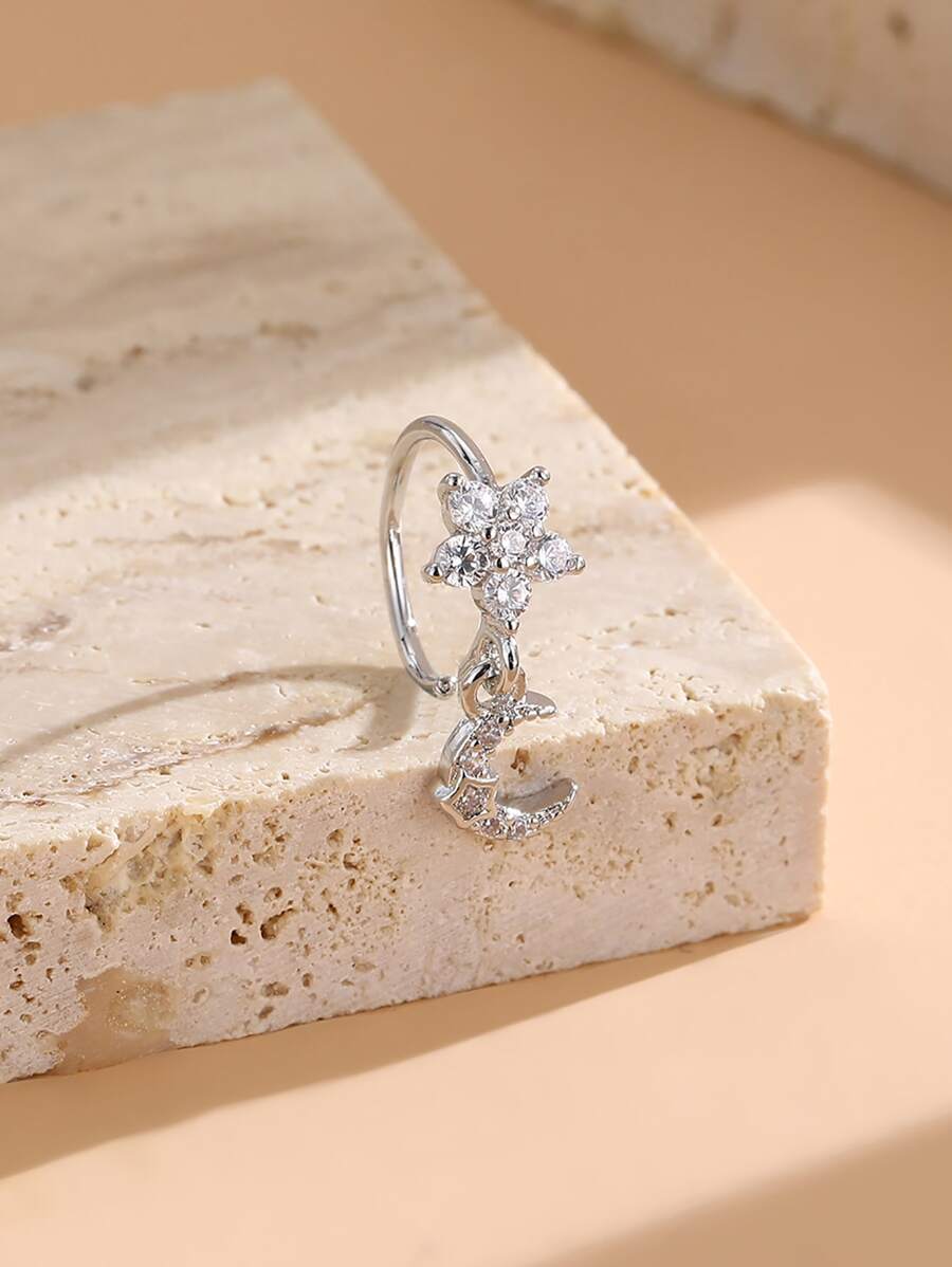 水鑽花和月亮裝飾鼻環銅受歡迎穿孔身體鏈禮品適合女士和男士 - 銀色 - 查看 1