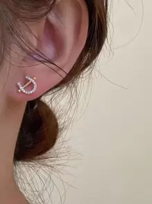 1 par de pendientes de botón con forma de C brillantes, estilo minimalista elegante para ir a la oficina y los viernes casuales - Amarillo Oro - Ver 4