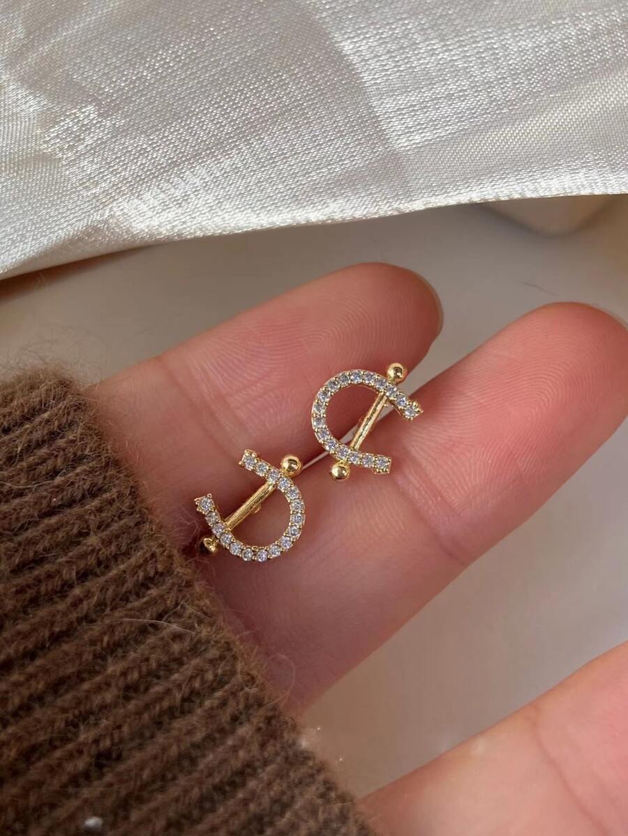 1 par de pendientes de botón con forma de C brillantes, estilo minimalista elegante para ir a la oficina y los viernes casuales - Amarillo Oro - Ver 1