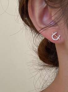 1 par de pendientes de botón con forma de C brillantes, estilo minimalista elegante para ir a la oficina y los viernes casuales - Amarillo Oro - Ver 5