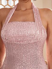 Missord Backless Sequin Halter Bodycon Dress - Baby Pink - View 8