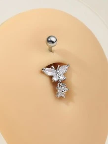 Rhinestone Butterfly Decor Navel Belly Ring Stainless Steel Popular Piercing Body Jewelry Gift For Women & Men - Silver - View 3